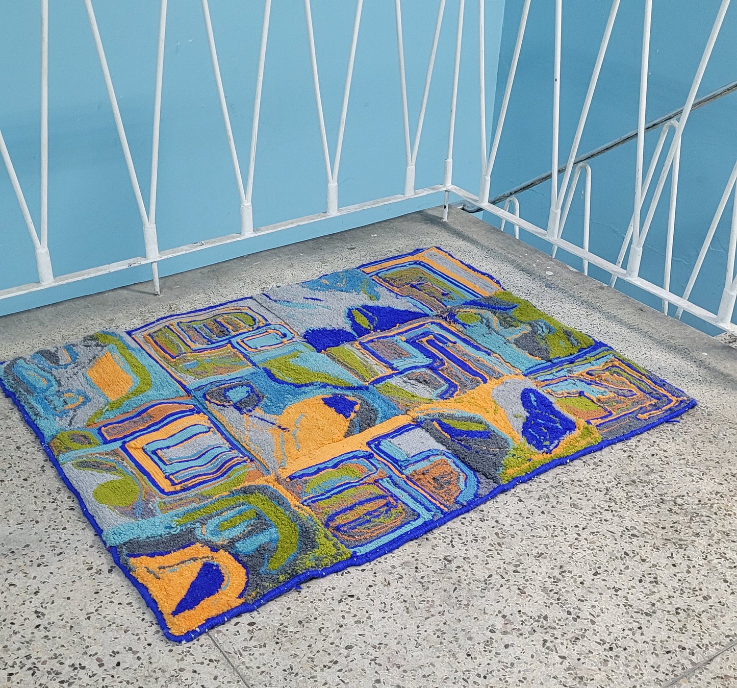 LARGE RUG: Vibrant Orange & Blue Grid Rug 3ft x 4ft