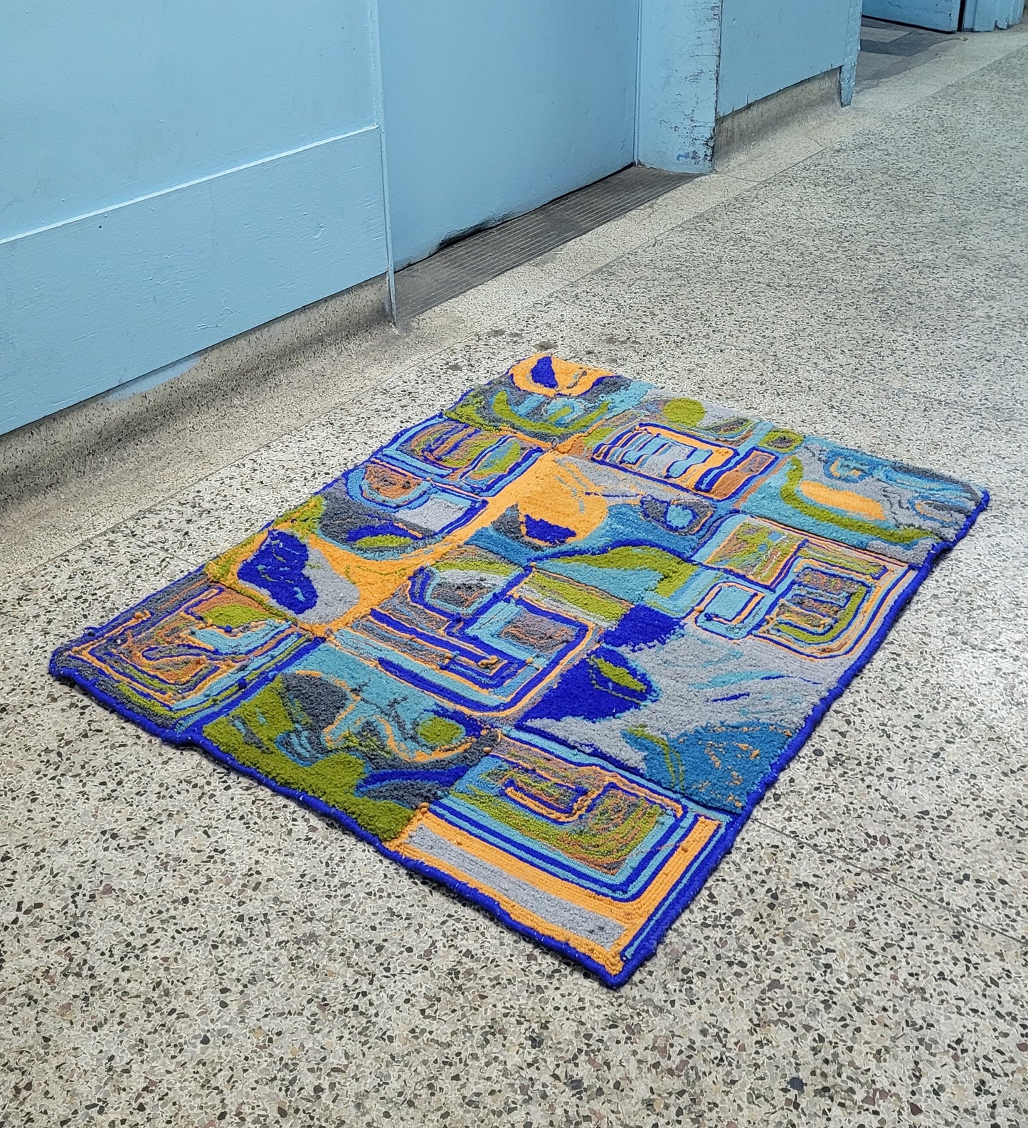 LARGE RUG: Vibrant Orange & Blue Grid Rug 3ft x 4ft