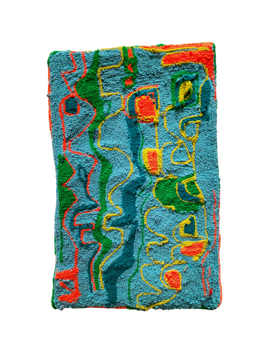 SMALL RUG: Teal with Neon Yellow, Orange and Green 2 ft x 1.5 ft