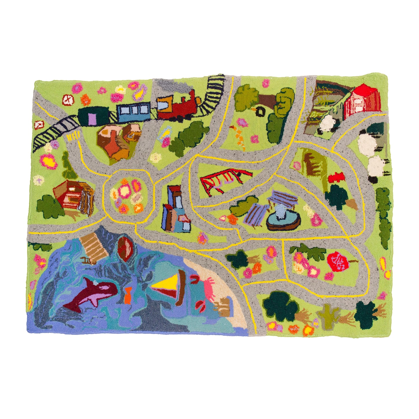 Childrens Play Mat City Roads, Train and Beach with Flowers