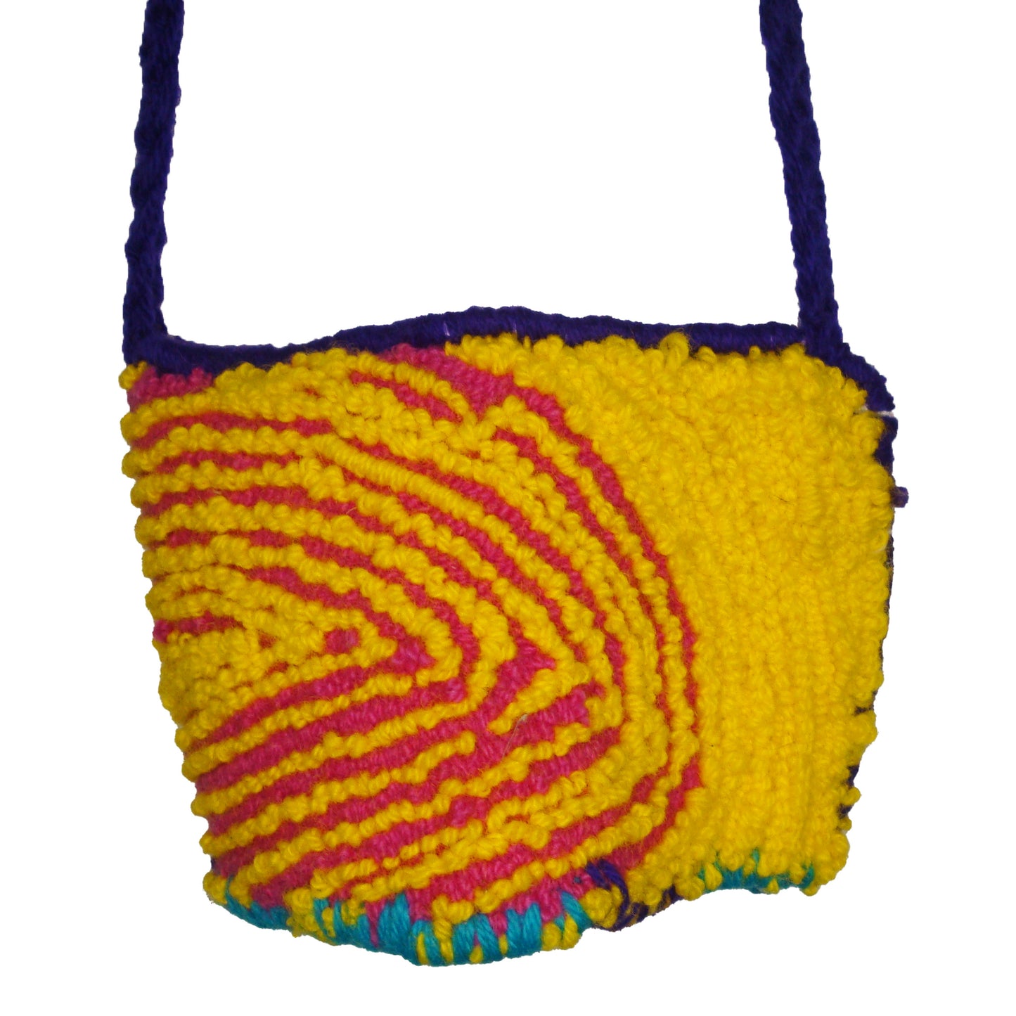 BAG: Yellow and pink spiral with purple strap over the shoulder little bag