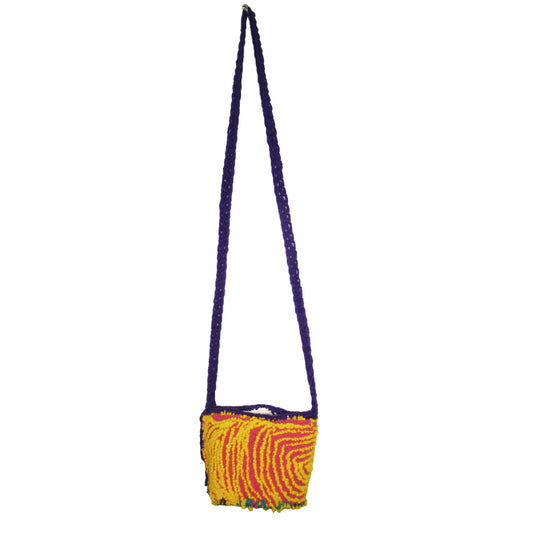 BAG: Yellow and pink spiral with purple strap over the shoulder little bag